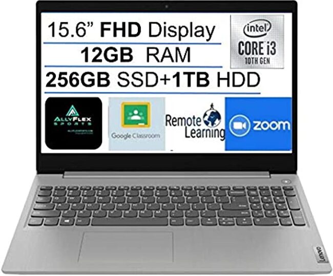Lenovo 15 IdeaPad 3 15.6in FHD Laptop, Intel 10th Gen Core i3-1005G1 Up to 3.4GHz, 12GB DDR4 RAM, 256GB SSD+ 1TB HDD, Webcam, AllyFlex Mousepad