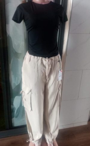 Beige Cargo Trousers two-piece outfit.